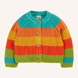 Frugi cuddly knit cardigan highland  wide stripe rainbow with button up front closure. 