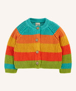 Frugi cuddly knit cardigan highland  wide stripe rainbow with button up front closure. 