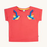 Frugi Daisy Applique T-Shirt in Watermelon, featuring two embroidered parrots on either side.