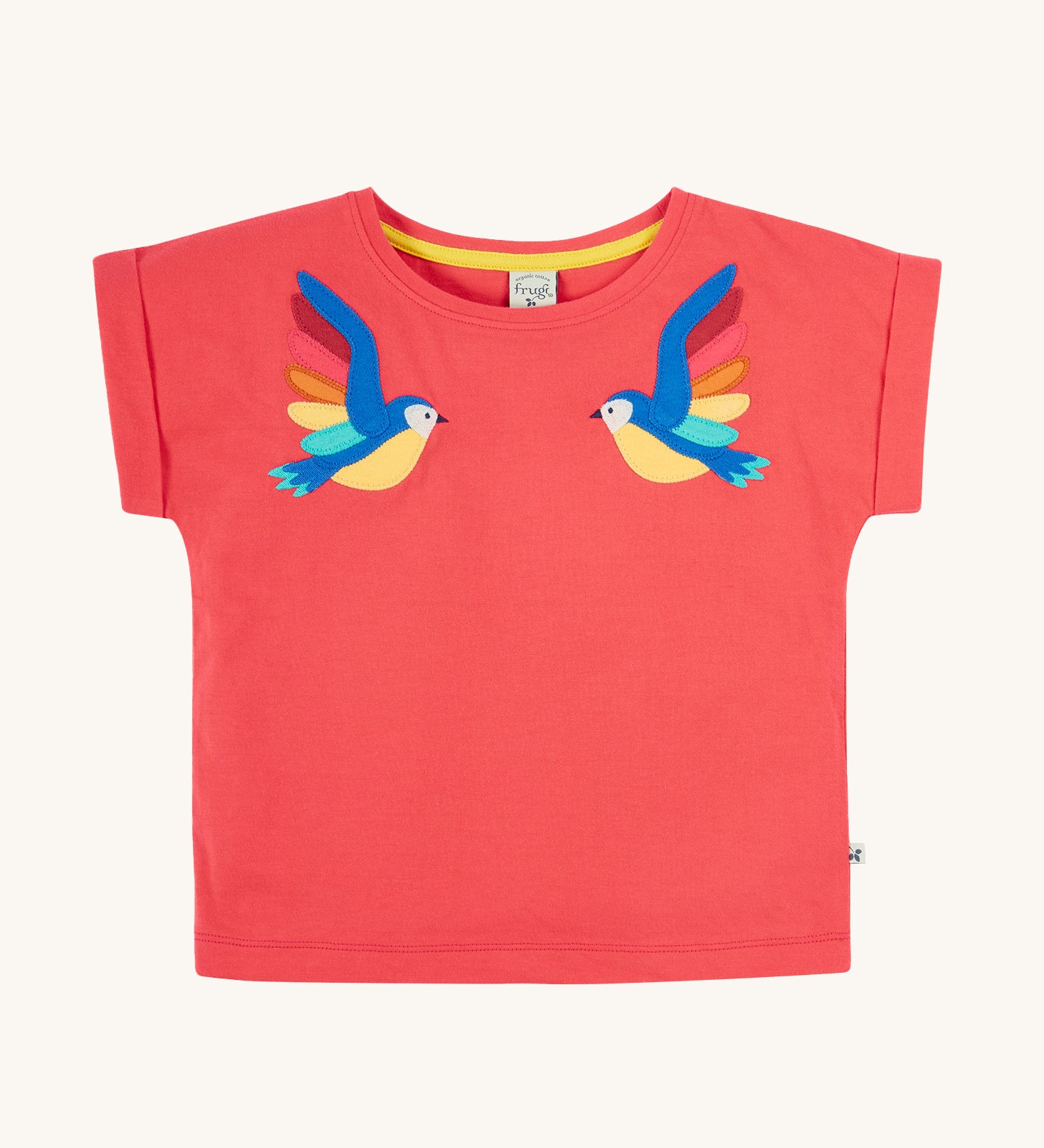 Frugi Daisy Applique T-Shirt in Watermelon, featuring two embroidered parrots on either side.