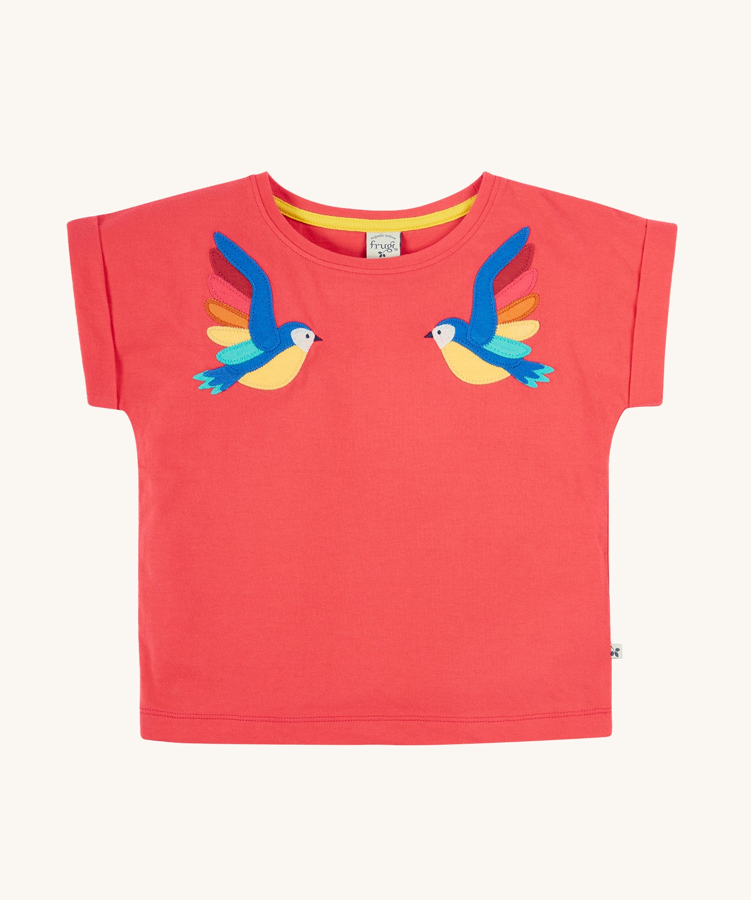 Frugi Daisy Applique T-Shirt in Watermelon, featuring two embroidered parrots on either side.