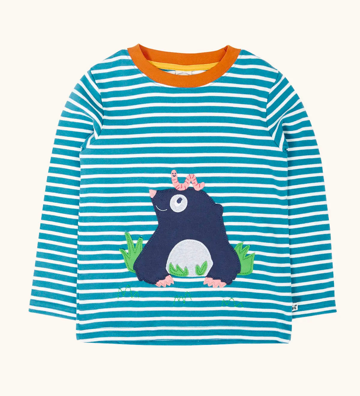 Frugi discovery long sleeve top in a boat blue Breton stripe with a mole applique on the front with a worm on it's head.