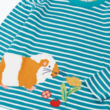Close up of the guinea pig applique and details on the front of the Frugi discovery circular cotton long sleeve top in boat blue Breton stripe.