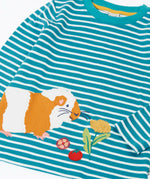 Close up of the guinea pig applique and details on the front of the Frugi discovery circular cotton long sleeve top in boat blue Breton stripe.