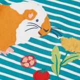 Close up of the guinea pig applique and details on the front of the Frugi discovery circular cotton long sleeve top in boat blue Breton stripe.
