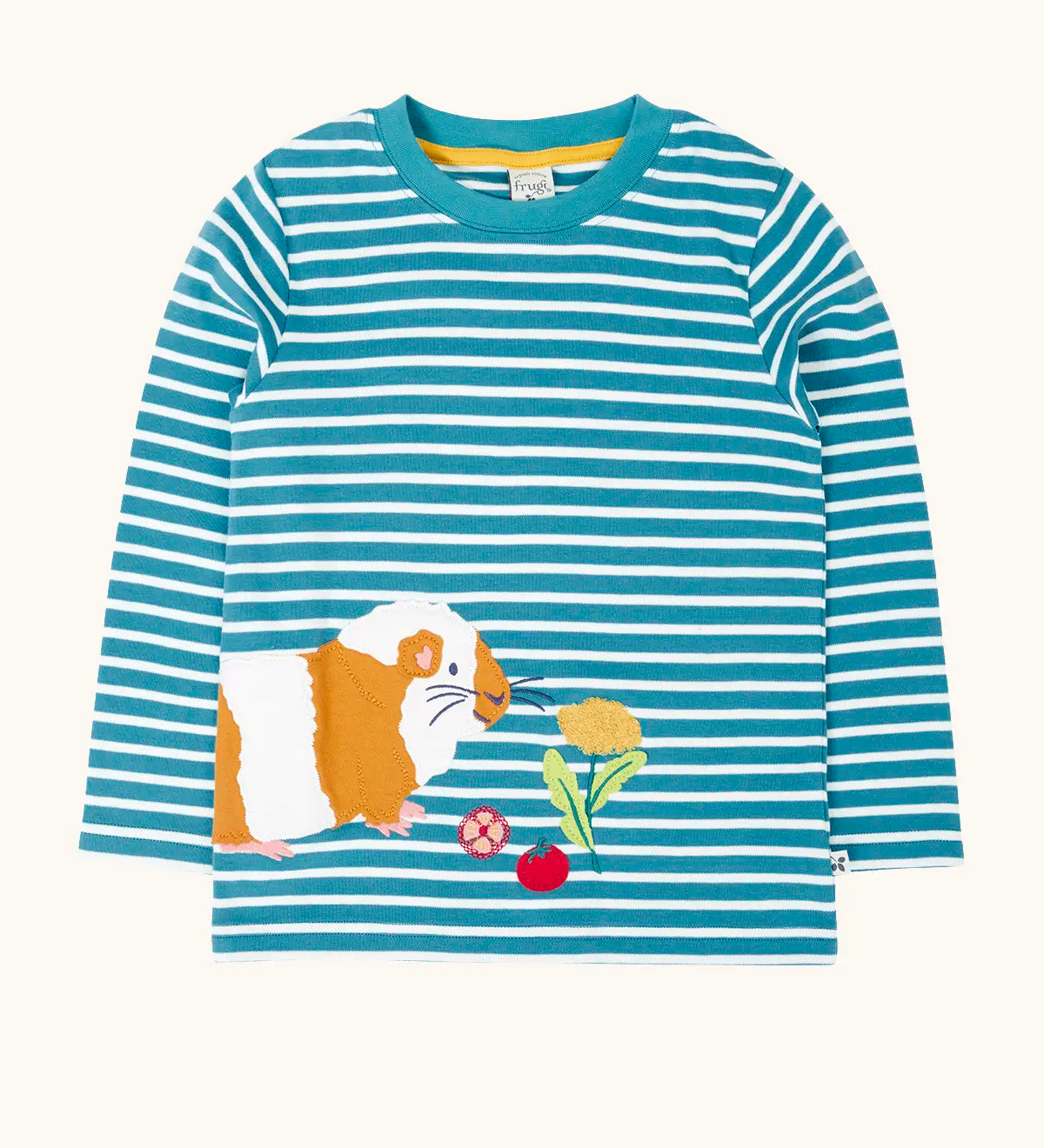 Frugi discovery circular cotton long sleeve top in boat blue Breton stripe with a guinea pig applique on the front.