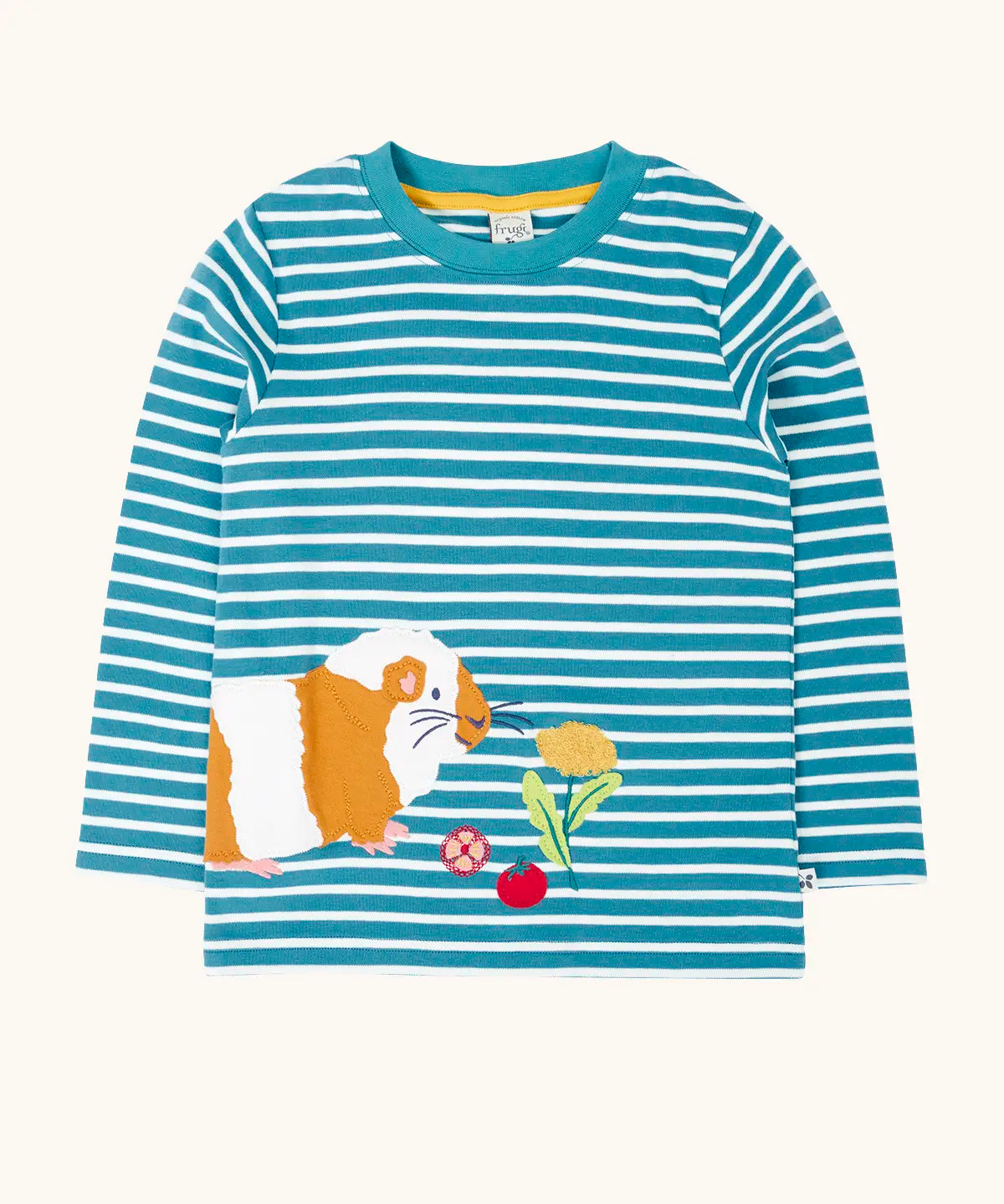 Frugi discovery circular cotton long sleeve top in boat blue Breton stripe with a guinea pig applique on the front.