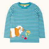 Frugi discovery circular cotton long sleeve top in boat blue Breton stripe with a guinea pig applique on the front.