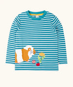 Frugi discovery circular cotton long sleeve top in boat blue Breton stripe with a guinea pig applique on the front.