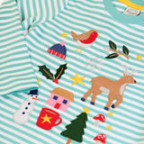 Close up of the front of the Frugi discovery organic cotton long sleeved top in miss green stripe with winter appliques. Robin, mistletoe, bobble hat, reindeer, holly, house, hot chocolate, snowman, tree, mushroom and stars. 