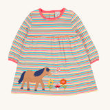 Frugi dolcie organic cotton child's dress with a multi stripe design and horse applique. 