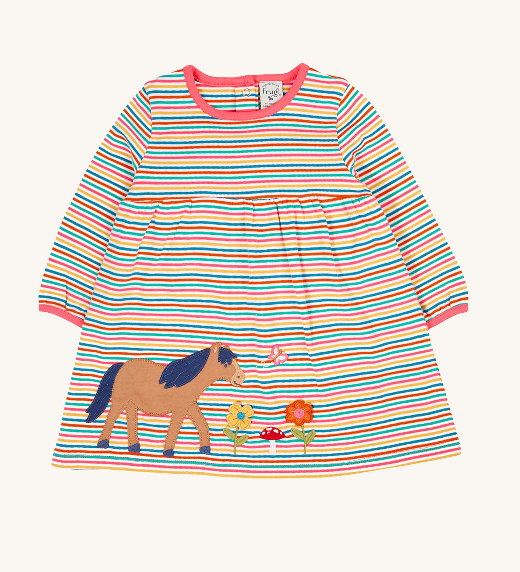 Frugi dolcie organic cotton child's dress with a multi stripe design and horse applique. 