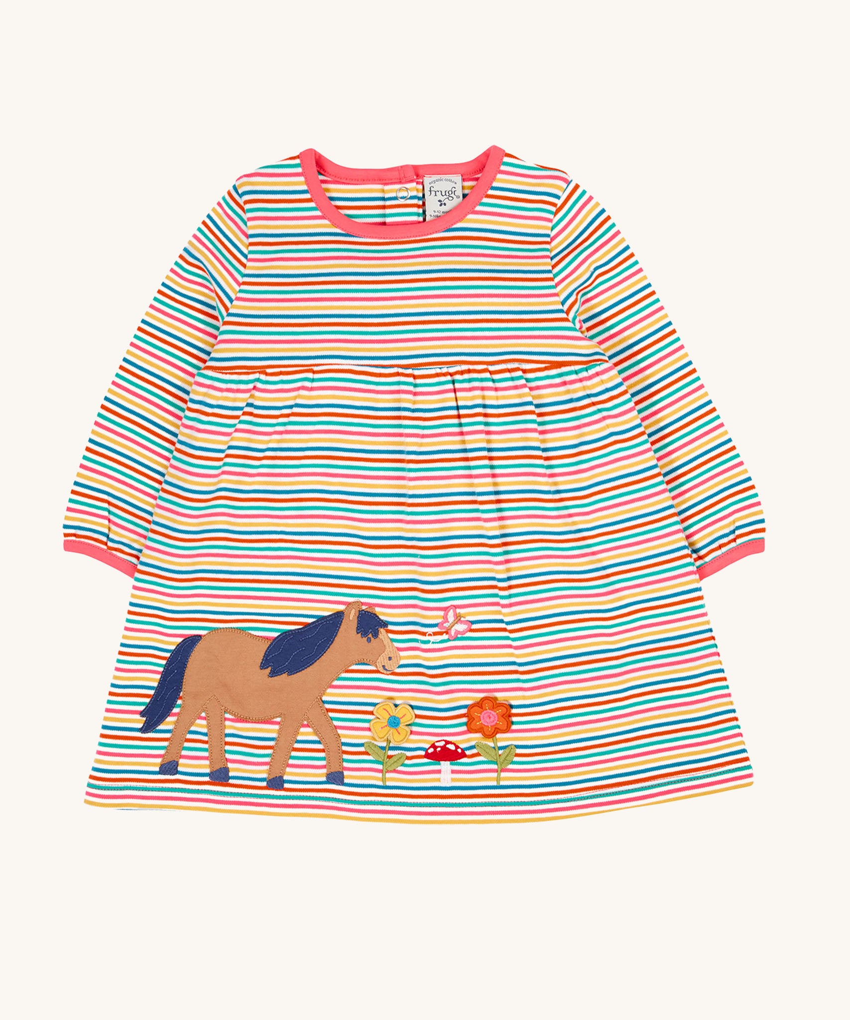 Frugi dolcie organic cotton child's dress with a multi stripe design and horse applique. 
