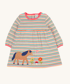 Frugi dolcie organic cotton child's dress with a multi stripe design and horse applique. 