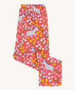 Frugi kids donkey drove bounce libby leggings - GOTS organic cotton kids light pink leggings folded in half. Features a multicoloured flower design with grey donkeys.
