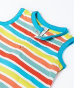 A close up of Frugi Dune Romper in Sea Rainbow Stripe prin, featuring popper fastenings.