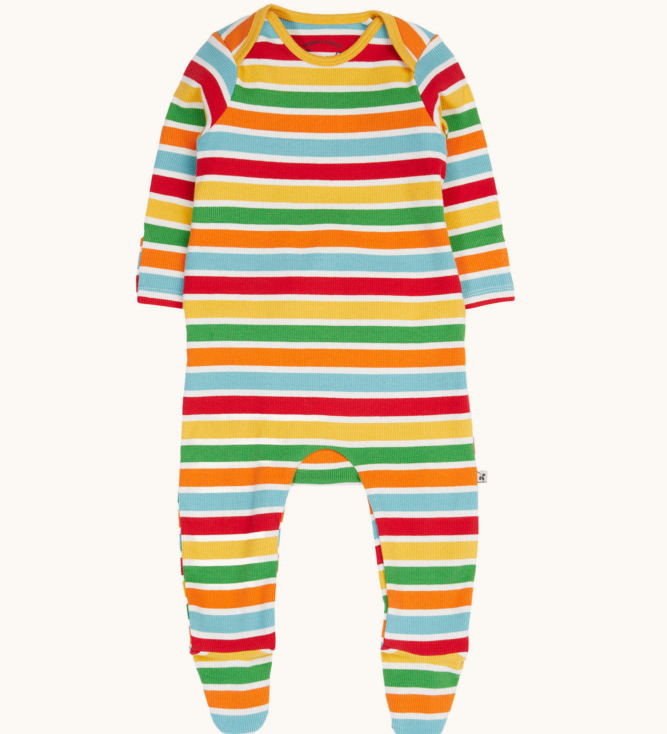 Frugi easy dressing rainbow striped ribbed material babygrow.  Frugi little rib 2 pack body happy rib stripe/bumblebee