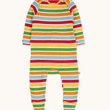 Frugi easy dressing rainbow striped ribbed material babygrow.  Frugi little rib 2 pack body happy rib stripe/bumblebee