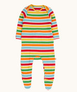 Frugi easy dressing rainbow striped ribbed material babygrow.  Frugi little rib 2 pack body happy rib stripe/bumblebee