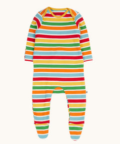 Frugi easy dressing rainbow striped ribbed material babygrow.  Frugi little rib 2 pack body happy rib stripe/bumblebee