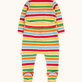 The back of the Frugi easy dressing rainbow striped ribbed material babygrow. easy access on the back to roll off the legs off for easy nappy changes. 