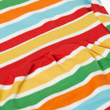 A close up of the easy access at the back of the Frugi easy dressing rainbow striped ribbed material babygrow. easy access on the back to roll off the legs off for easy nappy changes. 