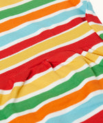 A close up of the easy access at the back of the Frugi easy dressing rainbow striped ribbed material babygrow. easy access on the back to roll off the legs off for easy nappy changes. 