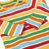 A close view of the front of the Frugi easy dressing rainbow striped ribbed material babygrow. easy access on the back to roll off the legs off for easy nappy changes. 