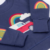 Frugi easy on organic cotton navy jumper with a red vehicle on the front and rainbow patch appliques on the elbows.