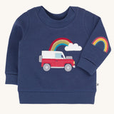 Frugi easy on organic cotton navy jumper with a red land rover type vehicle on the front.