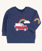 Frugi easy on organic cotton navy jumper with a red land rover type vehicle on the front.