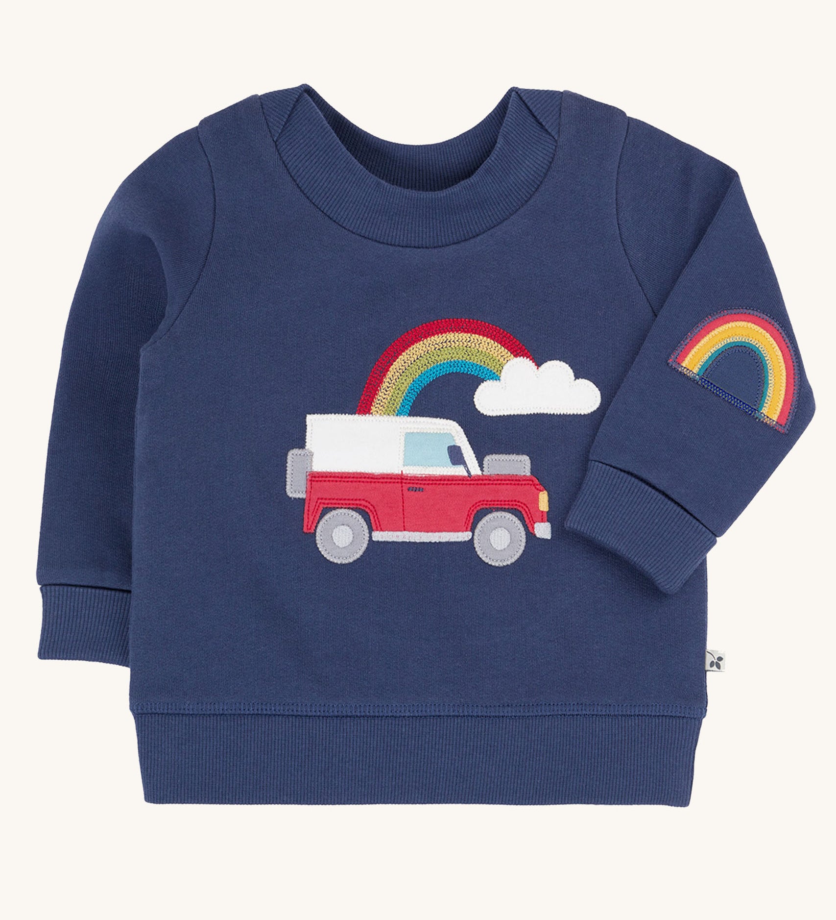 Frugi easy on organic cotton navy jumper with a red land rover type vehicle on the front.