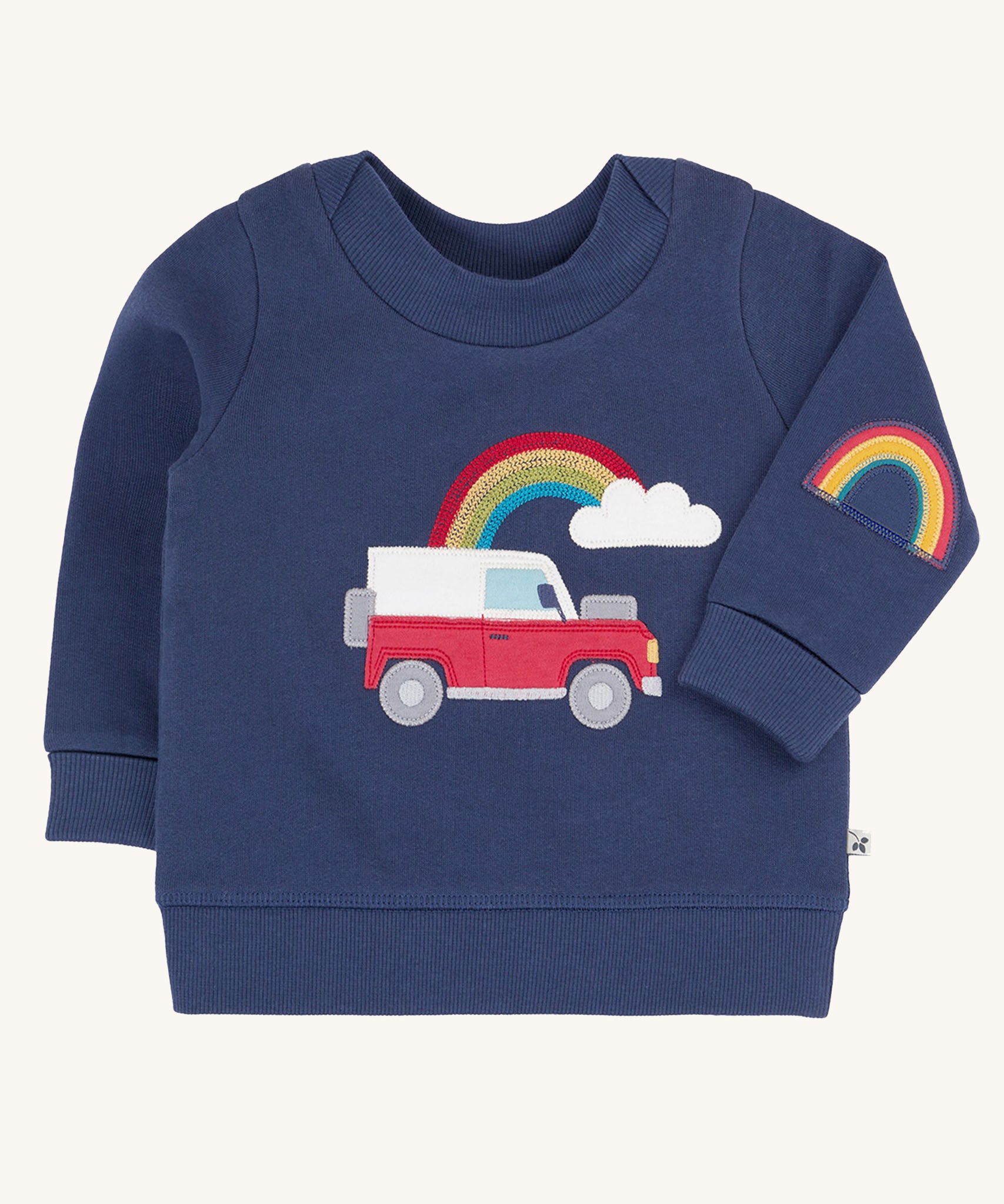 Frugi easy on organic cotton navy jumper with a red land rover type vehicle on the front.