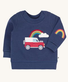 Frugi easy on organic cotton navy jumper with a red land rover type vehicle on the front.