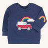 Frugi easy on organic cotton navy jumper with a red land rover type vehicle on the front.