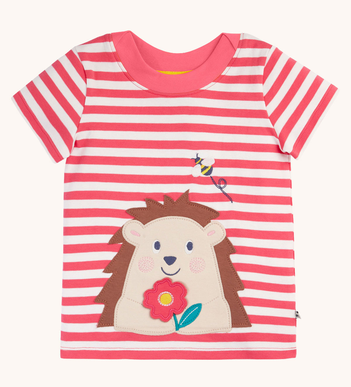 Frugi Easy On pink breton stripe hedgehog applique short sleeved organic cotton T-Shirt. The hedgehog is holding a pink flower and there is a little bee flying above.