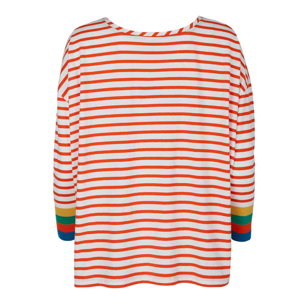 Back of the Frugi adults organic cotton striped box fit long sleeve top on a white background