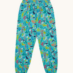Frugi Eira Harems laid flat, featuring a Sea Life print which includes different sea animals and colourful seaweed and coral on a mint blue background.