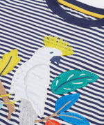 A close up of Frugi Elijah Applique T-Shirt in Navy Blue Stripe's embroidered Cockatoo in the centre.