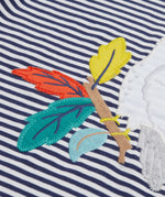 A close up of Frugi Elijah Applique T-Shirt in Navy Blue Stripe's embroidered Cockatoo in the centre.