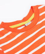 A close up of Frugi Elijah Wrap Around T-Shirt in Orange Stripe's embroidered collar.