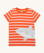 Frugi Elijah Wrap Around T-Shirt in Orange Stripe laid flat, featuring an embroidered shark.