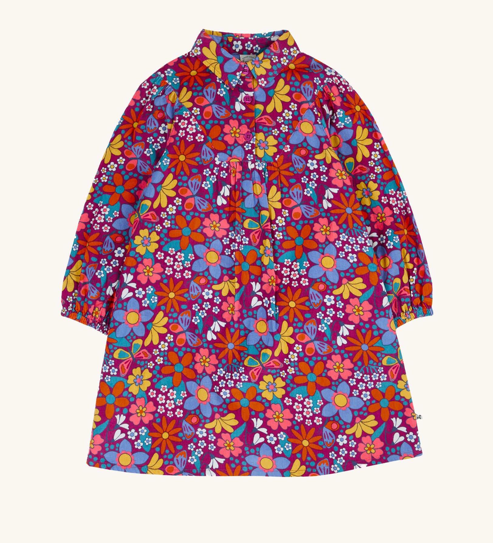 Frugi Elsie Organic Printed Cord Dress with a Retro Floral print design. This cord dress is a part of a wide range of organic cotton clothing for children available here at Babipur. 
