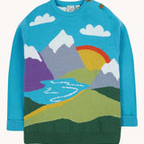 Front of the Frugi Elwood organic cotton knitted jumper with a blue mountain scene design.