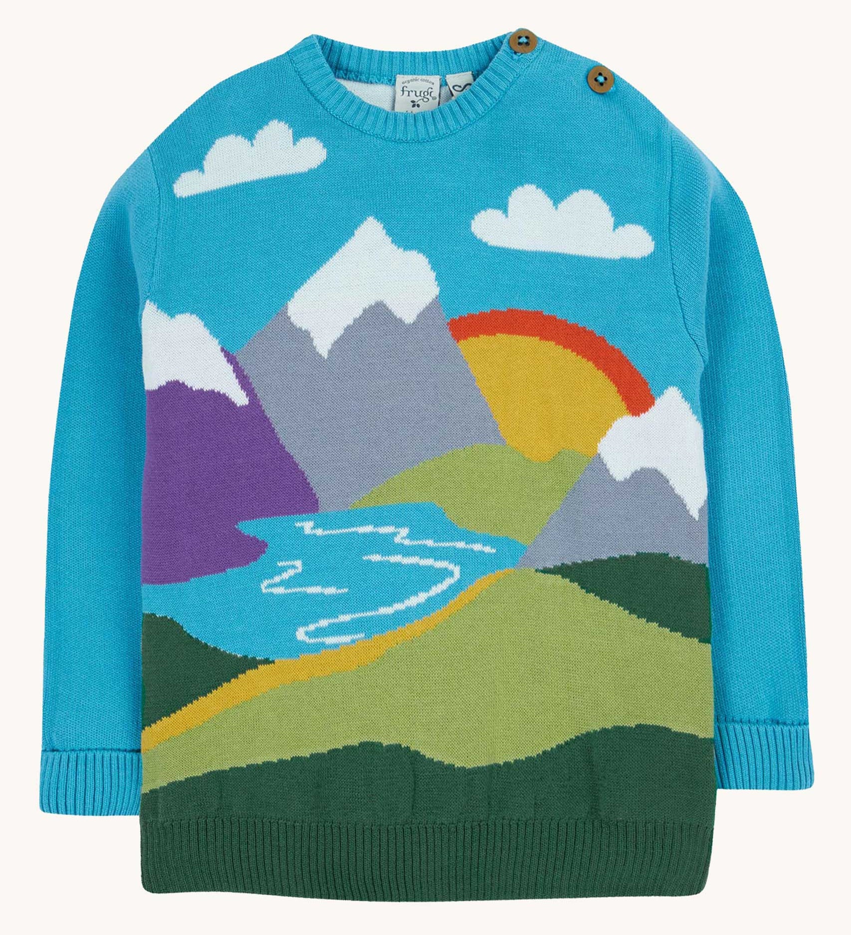 Front of the Frugi Elwood organic cotton knitted jumper with a blue mountain scene design.