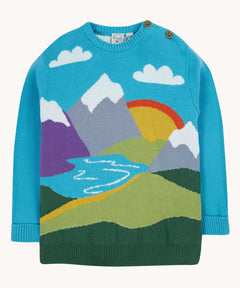 Front of the Frugi Elwood organic cotton knitted jumper with a blue mountain scene design.