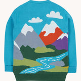 The back of the Frugi Elwood organic cotton knitted jumper with a blue mountain scene design.