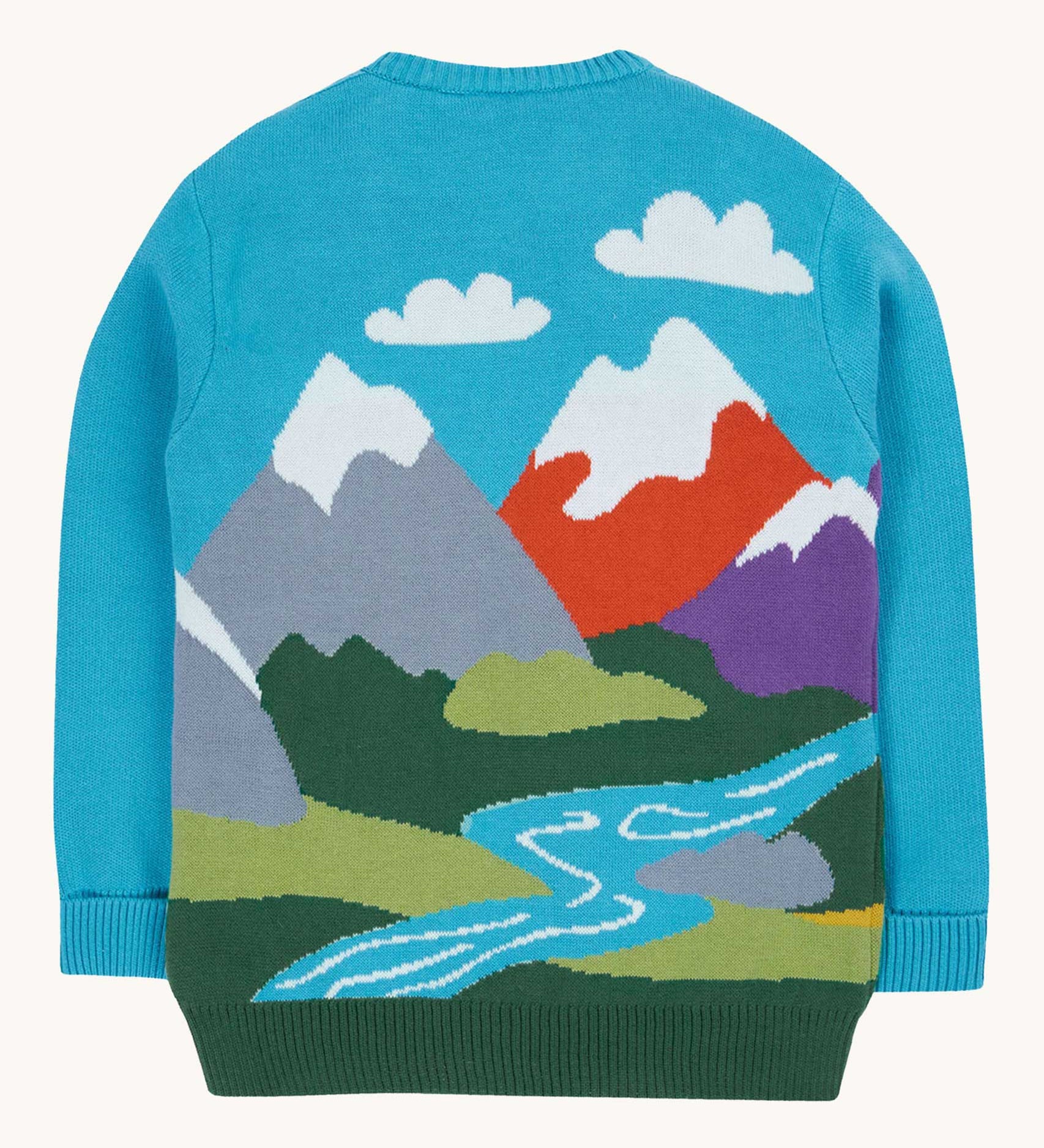 The back of the Frugi Elwood organic cotton knitted jumper with a blue mountain scene design.