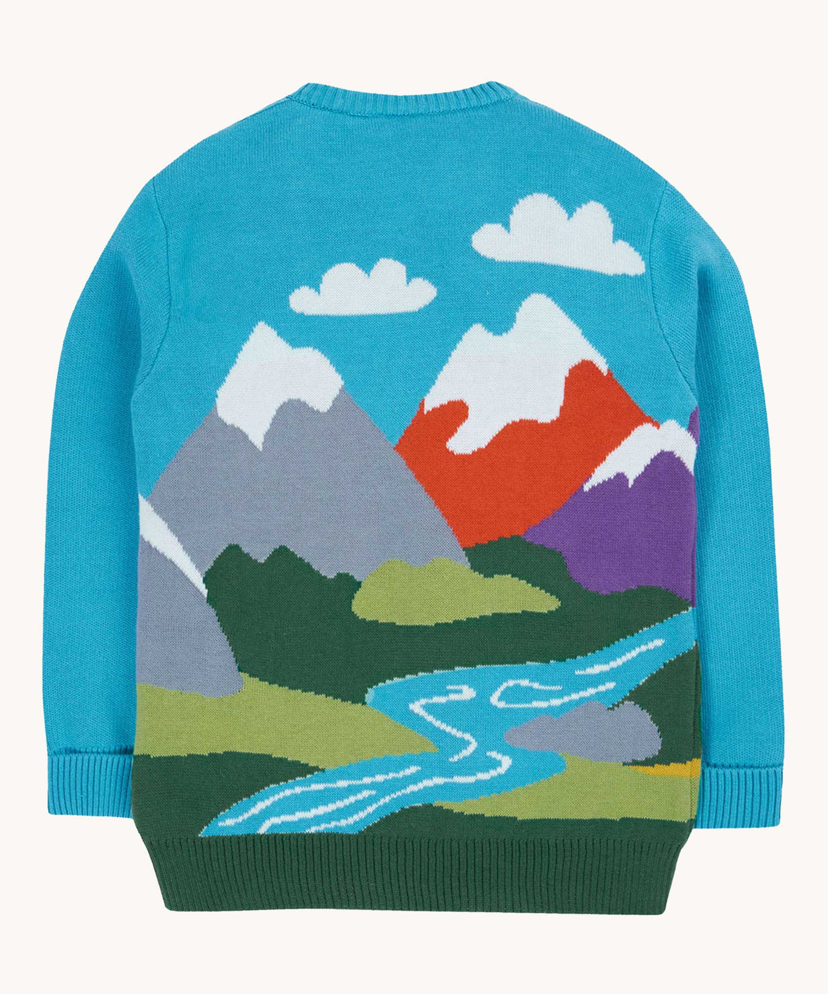 The back of the Frugi Elwood organic cotton knitted jumper with a blue mountain scene design.