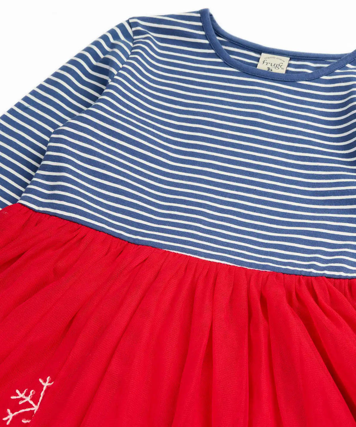 Close up of the Frugi emmie skater dress with a long sleeved navy stripe top half and red robin applique tulle  skirt.